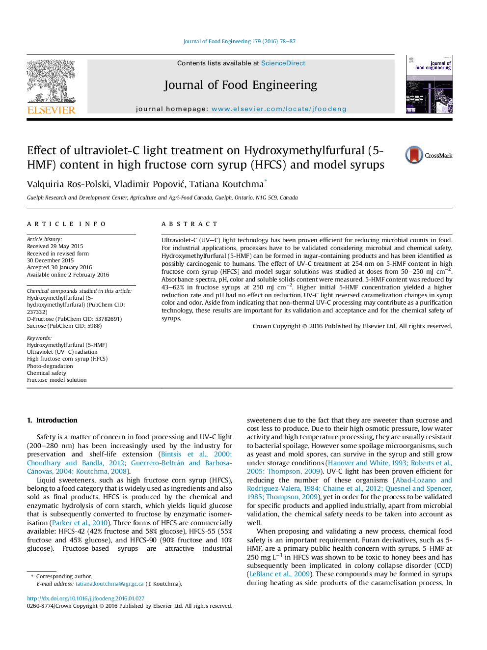 Effect of ultraviolet-C light treatment on Hydroxymethylfurfural (5-HMF) content in high fructose corn syrup (HFCS) and model syrups