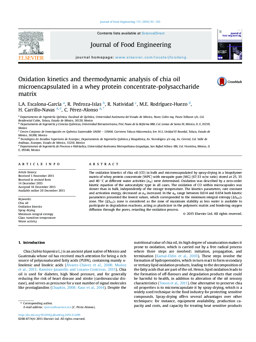 Oxidation kinetics and thermodynamic analysis of chia oil microencapsulated in a whey protein concentrate-polysaccharide matrix