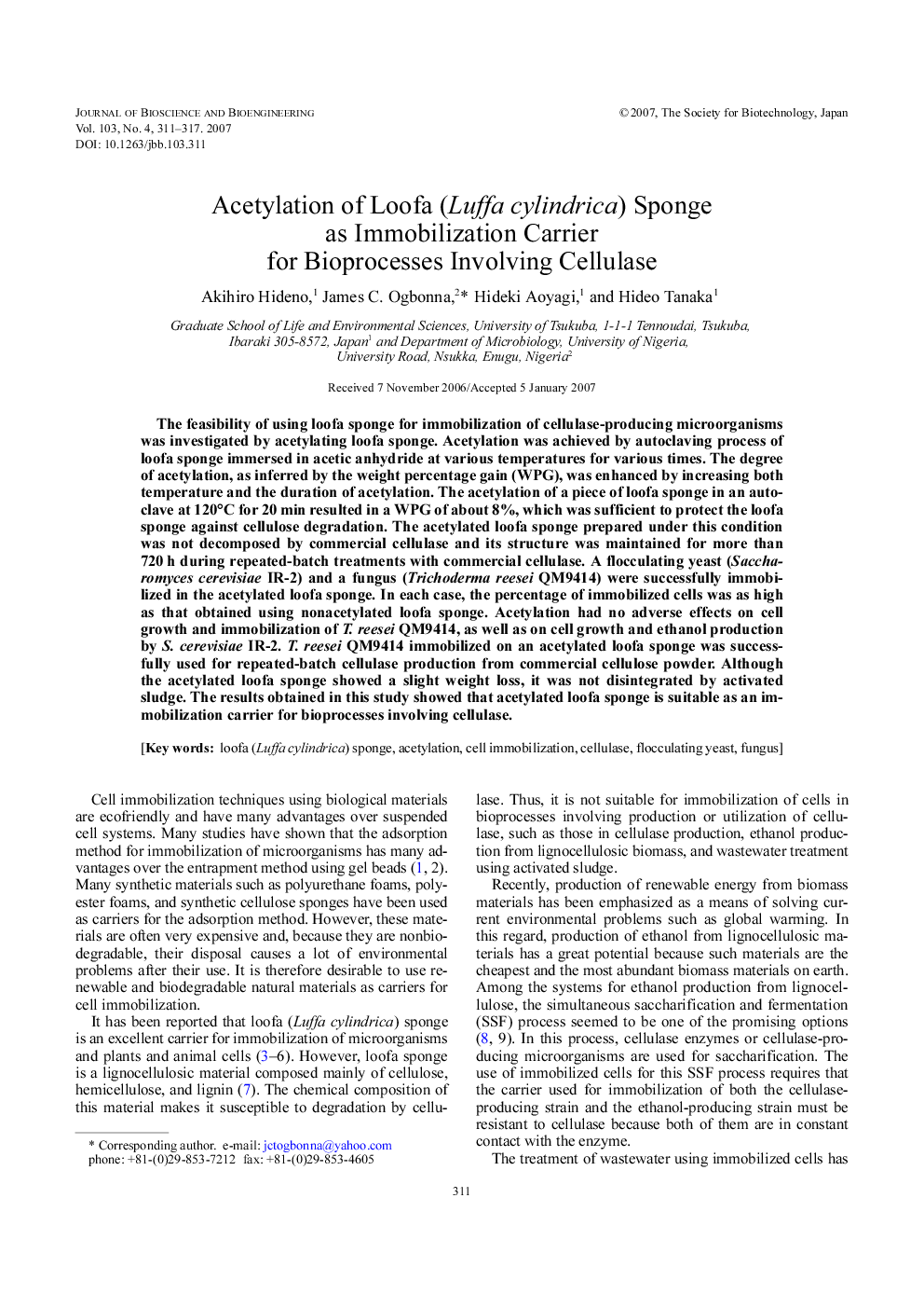 Acetylation of loofa (Luffa cylindrica) sponge as immobilization carrier for bioprocesses involving cellulase