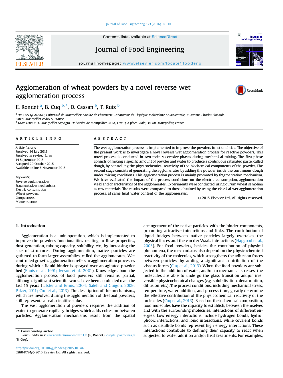 Agglomeration of wheat powders by a novel reverse wet agglomeration process