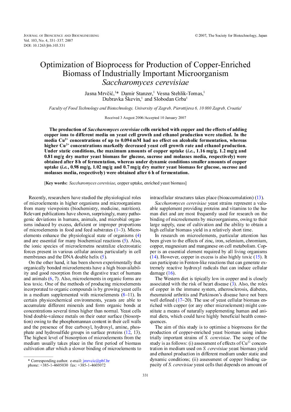 Optimization of bioprocess for production of copper-enriched biomass of industrially important microorganism Saccharomyces cerevisiae