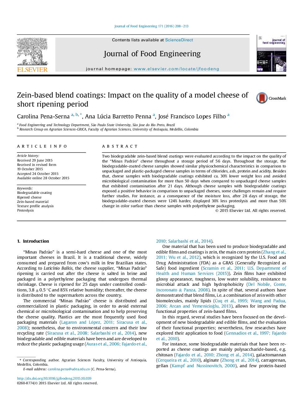 Zein-based blend coatings: Impact on the quality of a model cheese of short ripening period