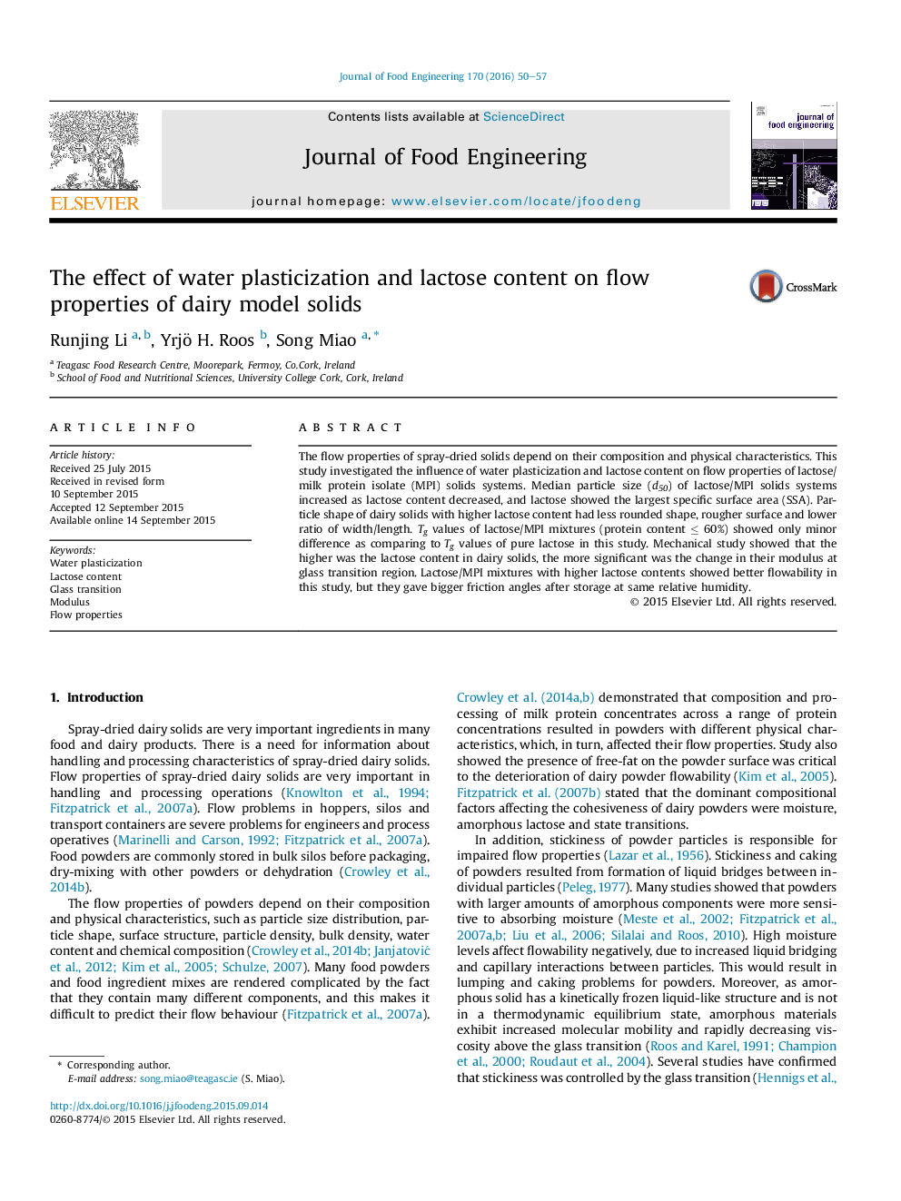 The effect of water plasticization and lactose content on flow properties of dairy model solids