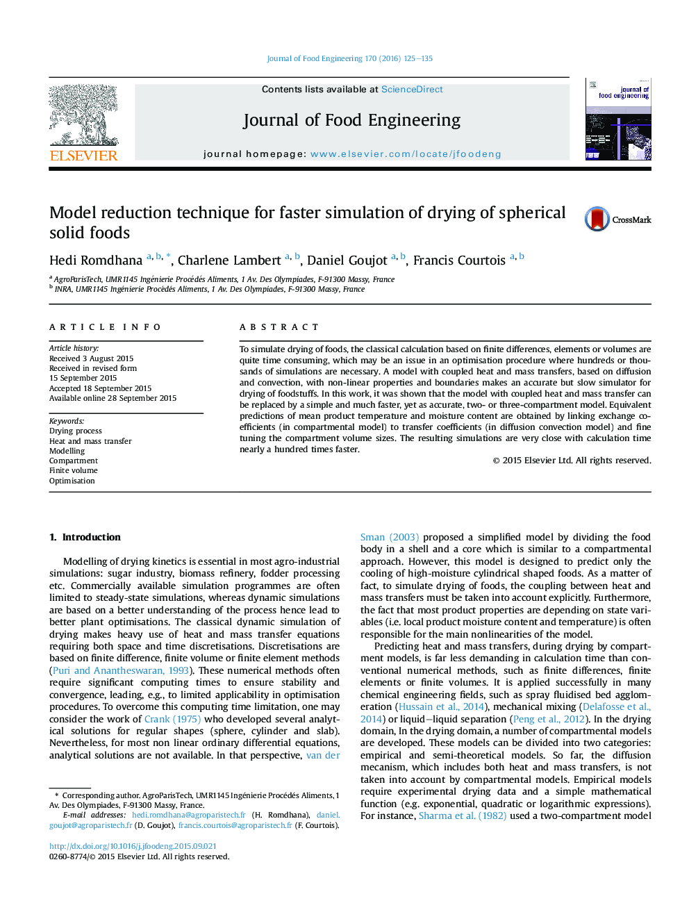 Model reduction technique for faster simulation of drying of spherical solid foods