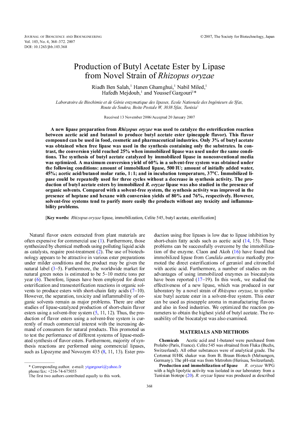 Production of butyl acetate ester by lipase from novel strain of Rhizopus oryzae 