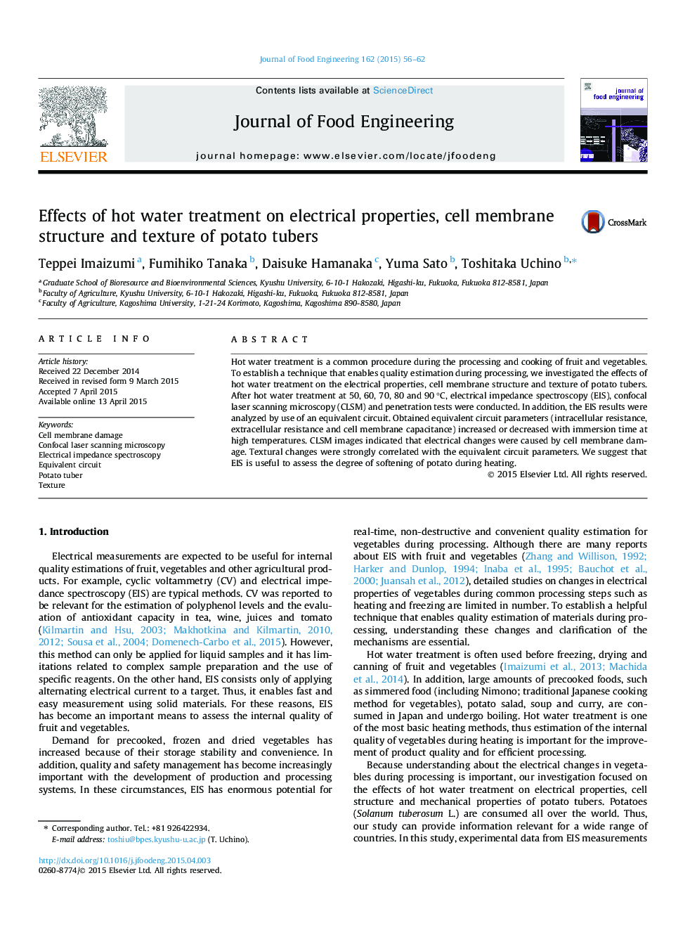 Effects of hot water treatment on electrical properties, cell membrane structure and texture of potato tubers