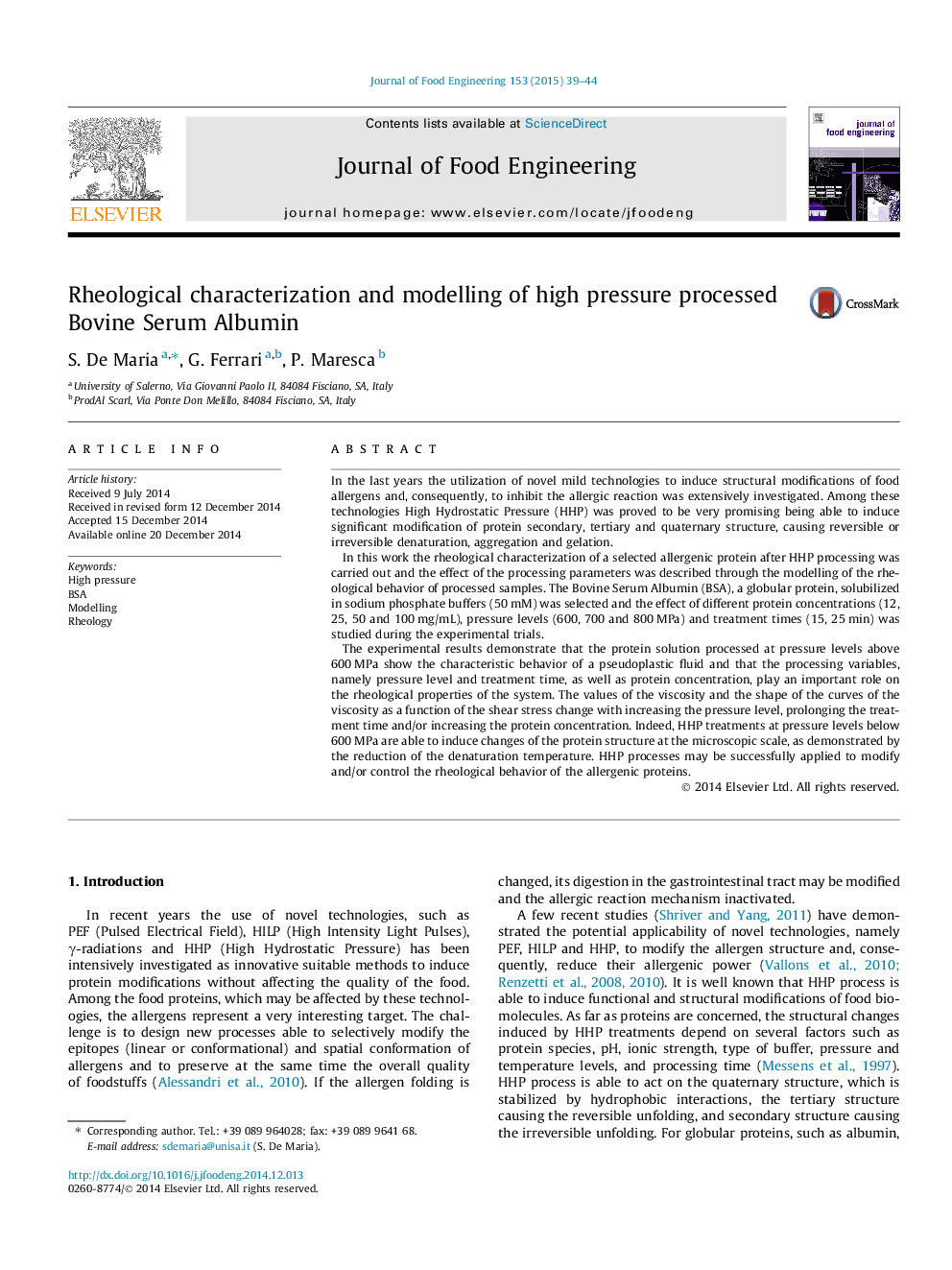 Rheological characterization and modelling of high pressure processed Bovine Serum Albumin