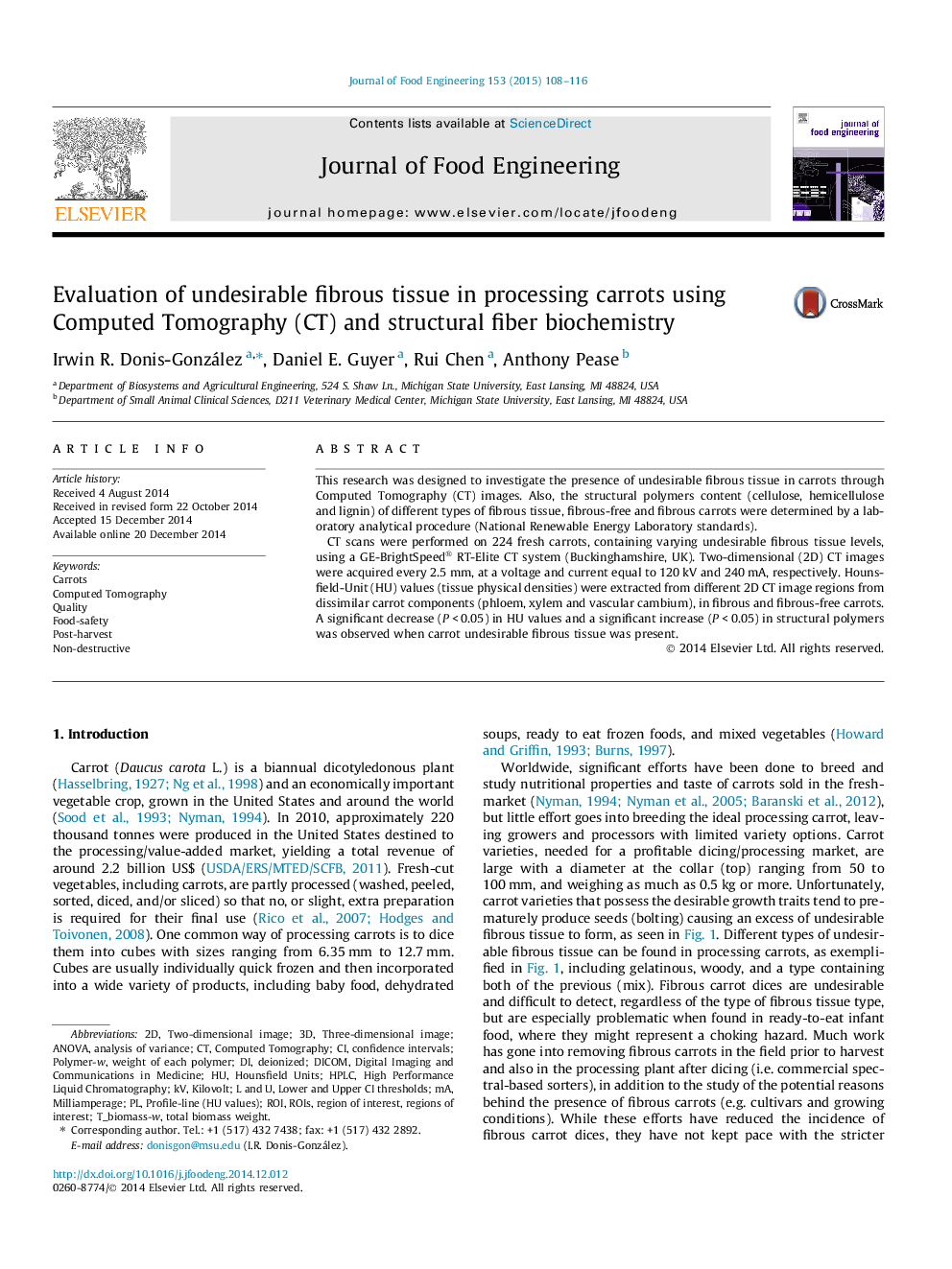 Evaluation of undesirable fibrous tissue in processing carrots using Computed Tomography (CT) and structural fiber biochemistry