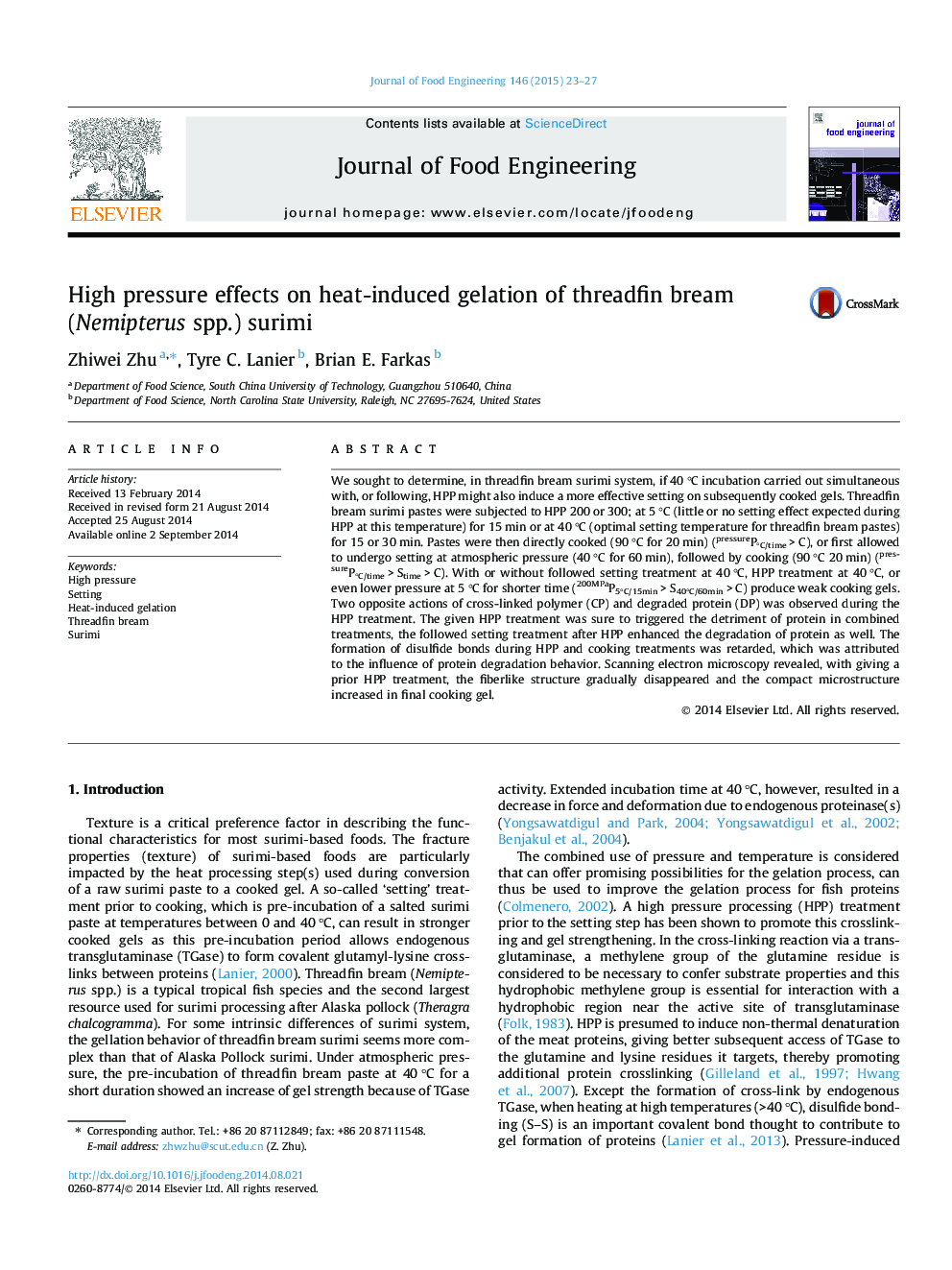 High pressure effects on heat-induced gelation of threadfin bream (Nemipterus spp.) surimi