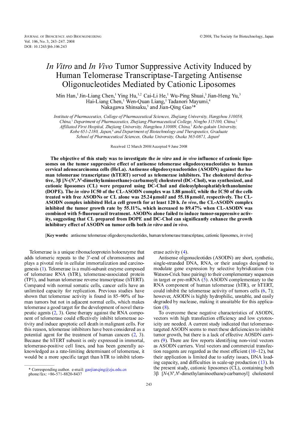 In vitro and in vivo tumor suppressive activity induced by human telomerase transcriptase-targeting antisense oligonucleotides mediated by cationic liposomes