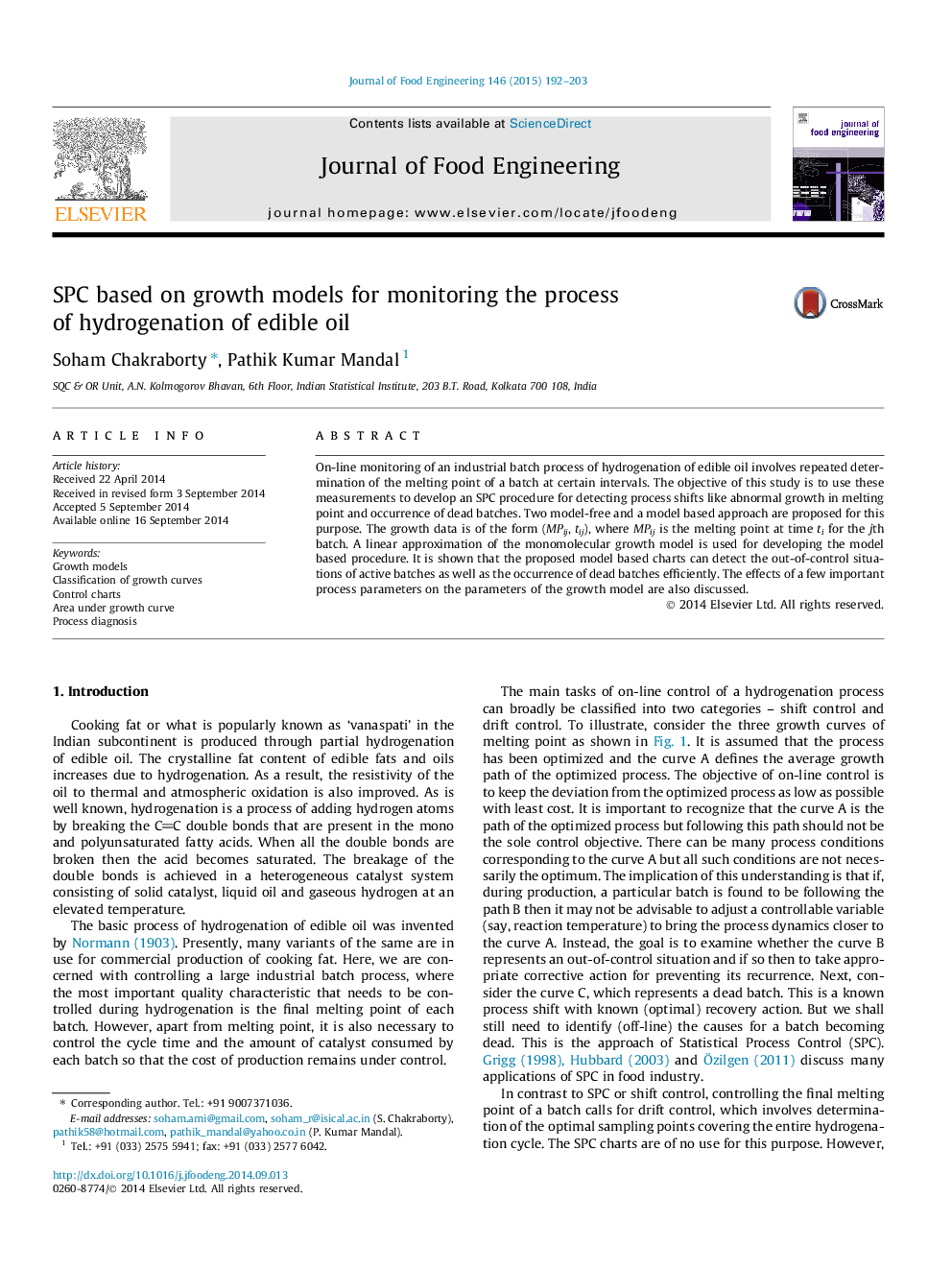 SPC based on growth models for monitoring the process of hydrogenation of edible oil