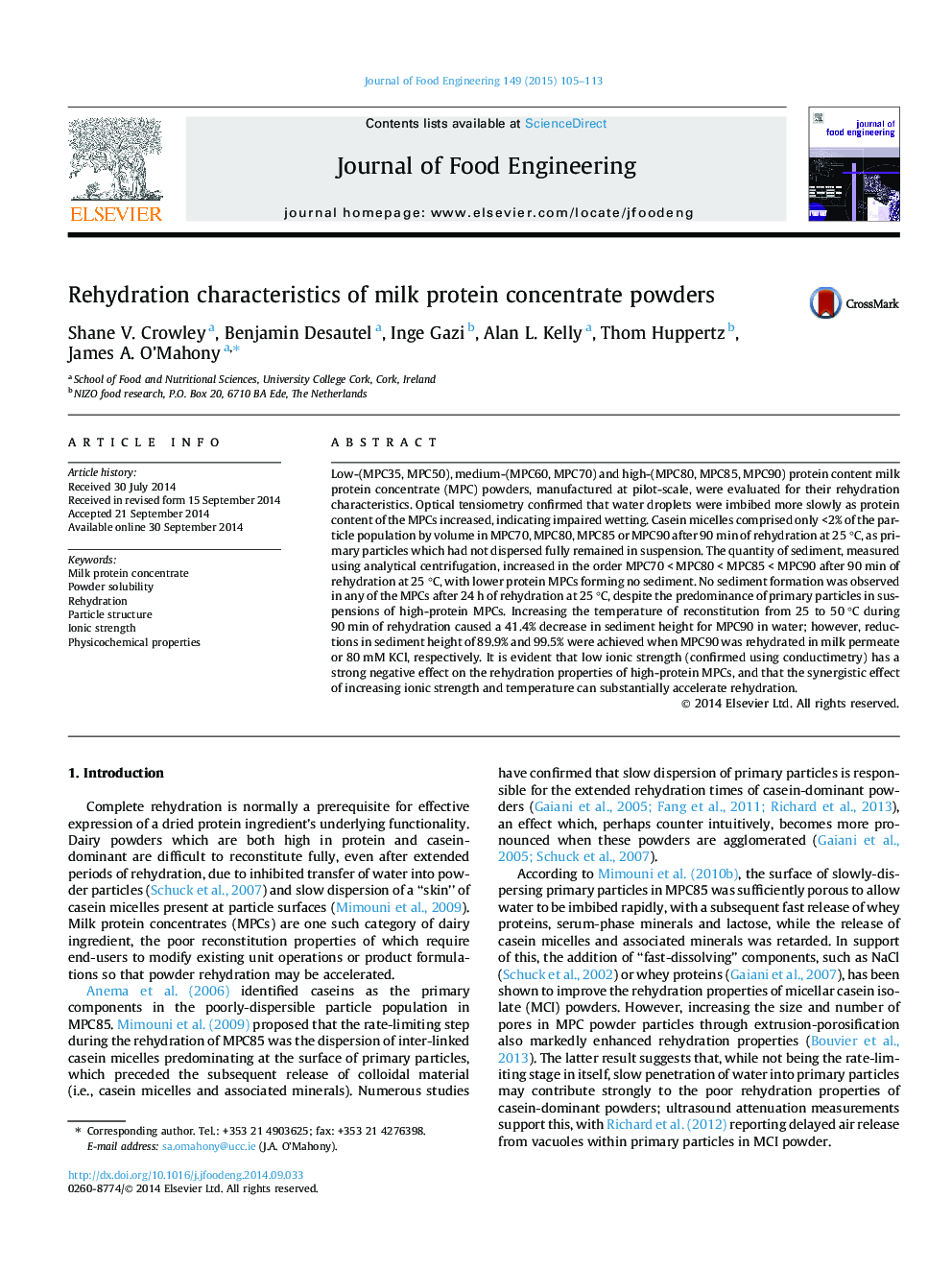 Rehydration characteristics of milk protein concentrate powders