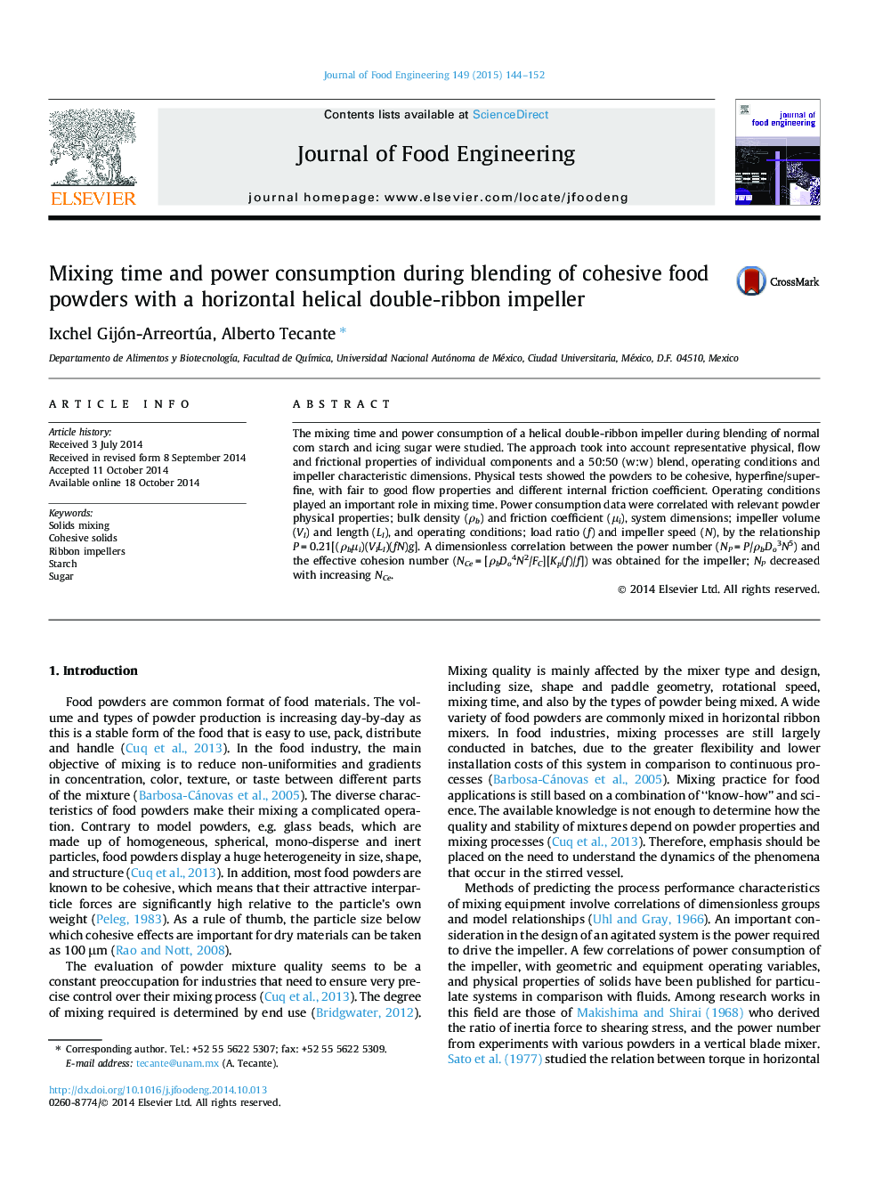 Mixing time and power consumption during blending of cohesive food powders with a horizontal helical double-ribbon impeller