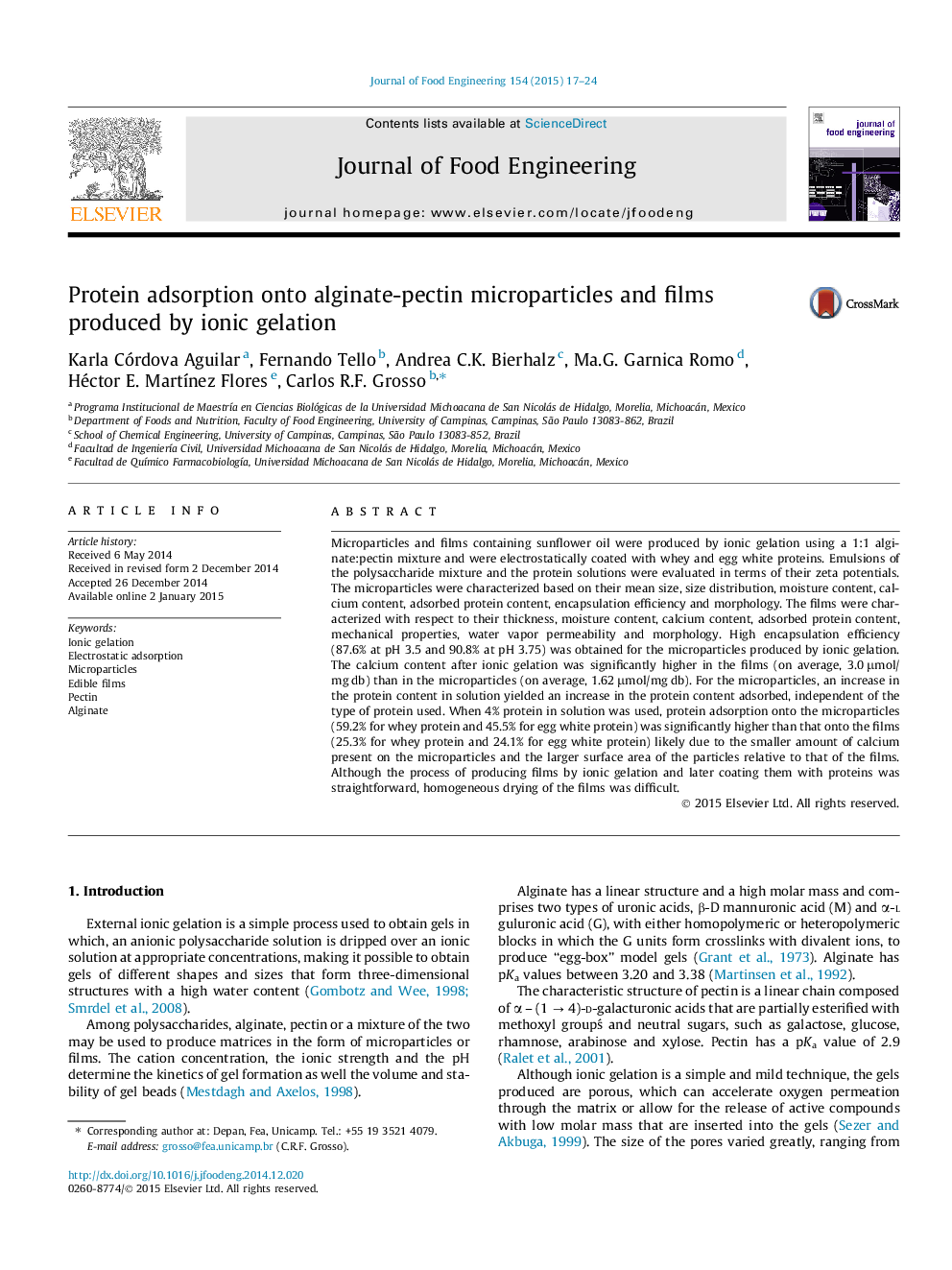 Protein adsorption onto alginate-pectin microparticles and films produced by ionic gelation