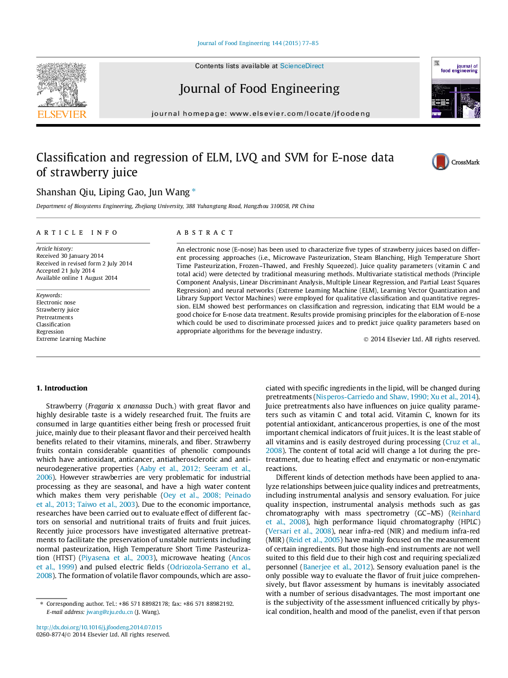 Classification and regression of ELM, LVQ and SVM for E-nose data of strawberry juice