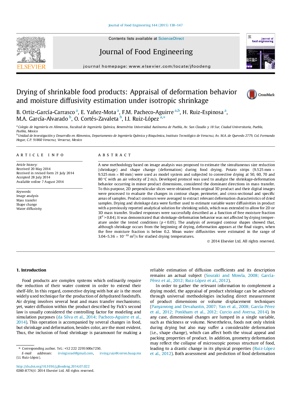 Drying of shrinkable food products: Appraisal of deformation behavior and moisture diffusivity estimation under isotropic shrinkage