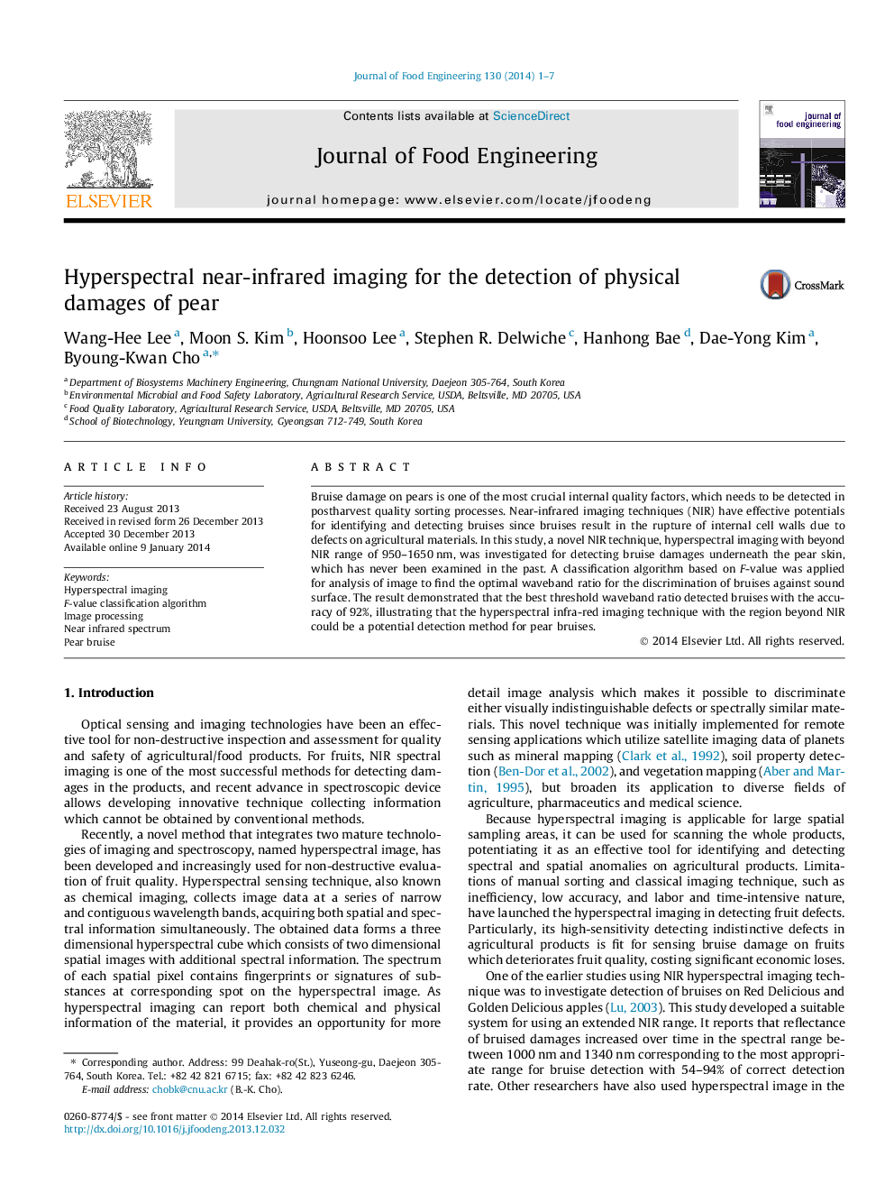 Hyperspectral near-infrared imaging for the detection of physical damages of pear