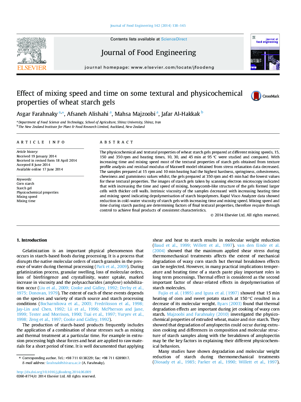 Effect of mixing speed and time on some textural and physicochemical properties of wheat starch gels