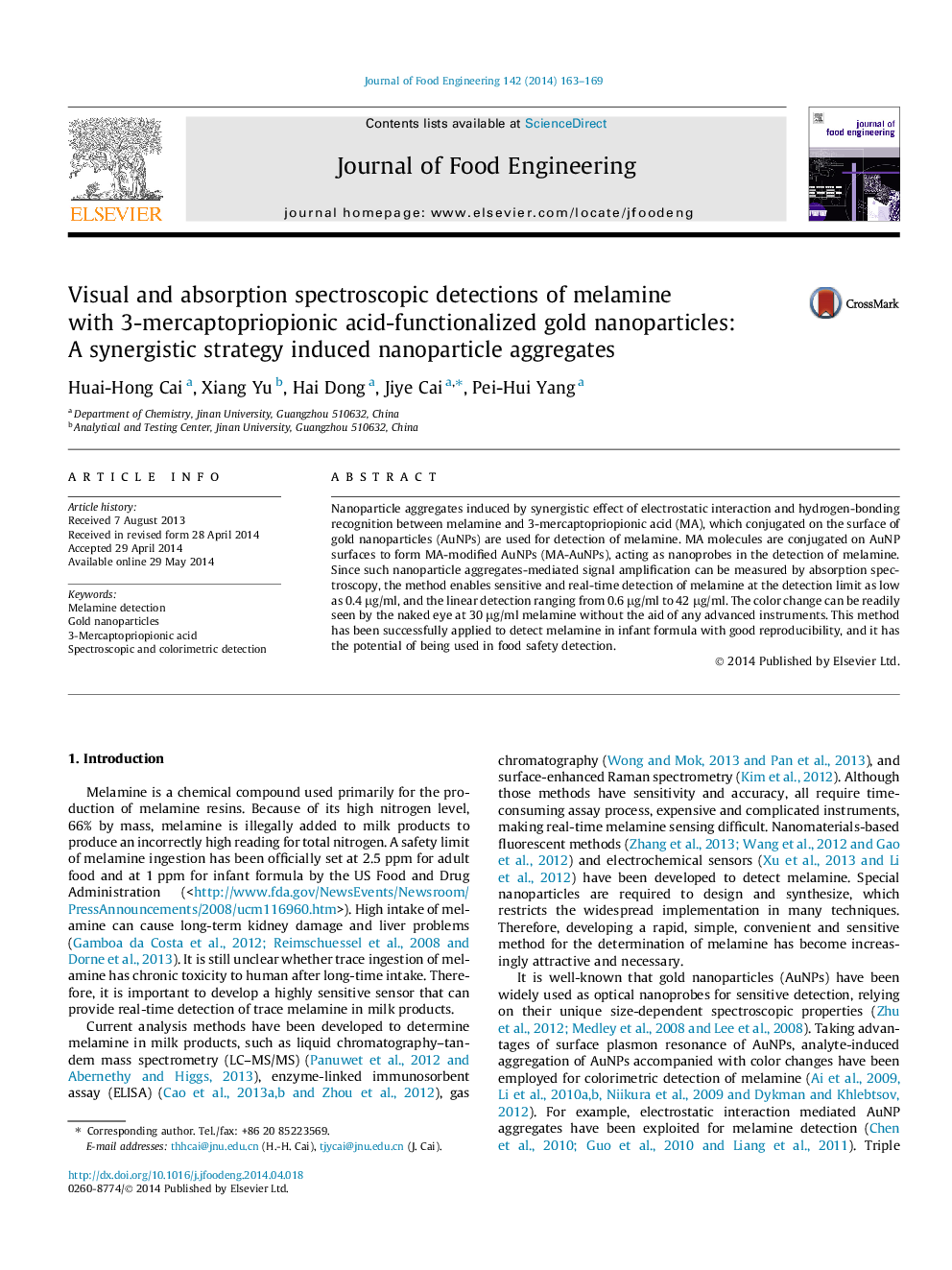 Visual and absorption spectroscopic detections of melamine with 3-mercaptopriopionic acid-functionalized gold nanoparticles: A synergistic strategy induced nanoparticle aggregates