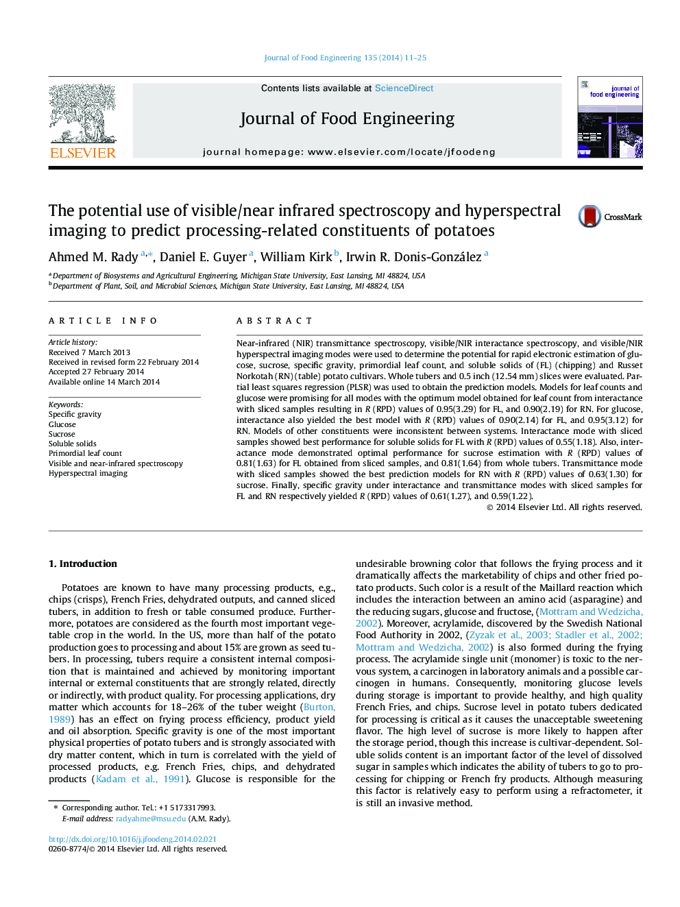 The potential use of visible/near infrared spectroscopy and hyperspectral imaging to predict processing-related constituents of potatoes