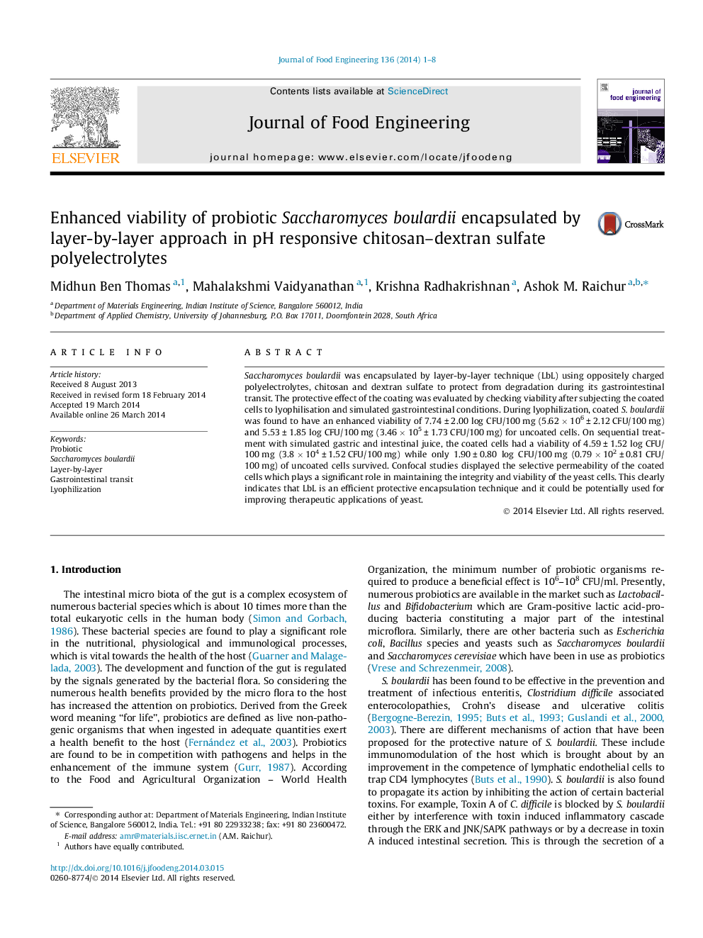 Enhanced viability of probiotic Saccharomyces boulardii encapsulated by layer-by-layer approach in pH responsive chitosan–dextran sulfate polyelectrolytes