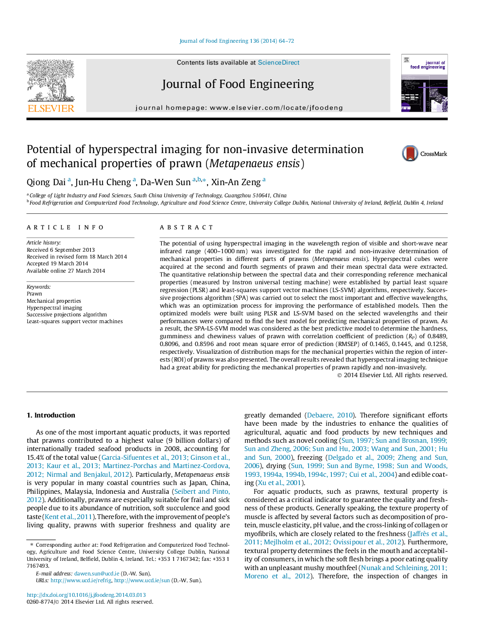 Potential of hyperspectral imaging for non-invasive determination of mechanical properties of prawn (Metapenaeus ensis)