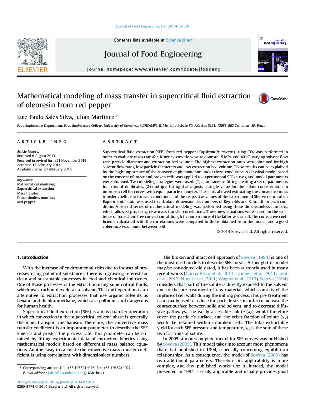 Mathematical modeling of mass transfer in supercritical fluid extraction of oleoresin from red pepper