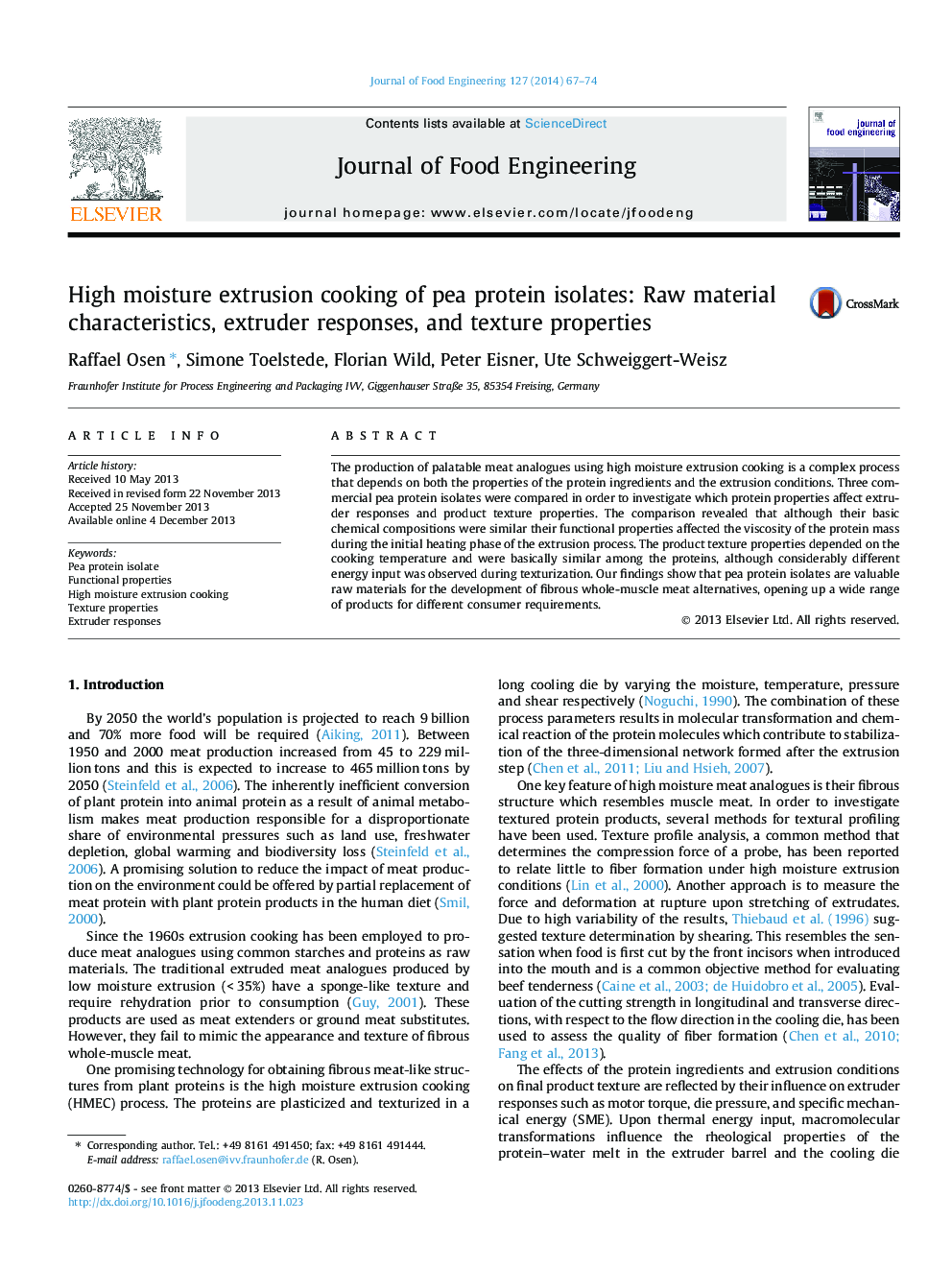 High moisture extrusion cooking of pea protein isolates: Raw material characteristics, extruder responses, and texture properties