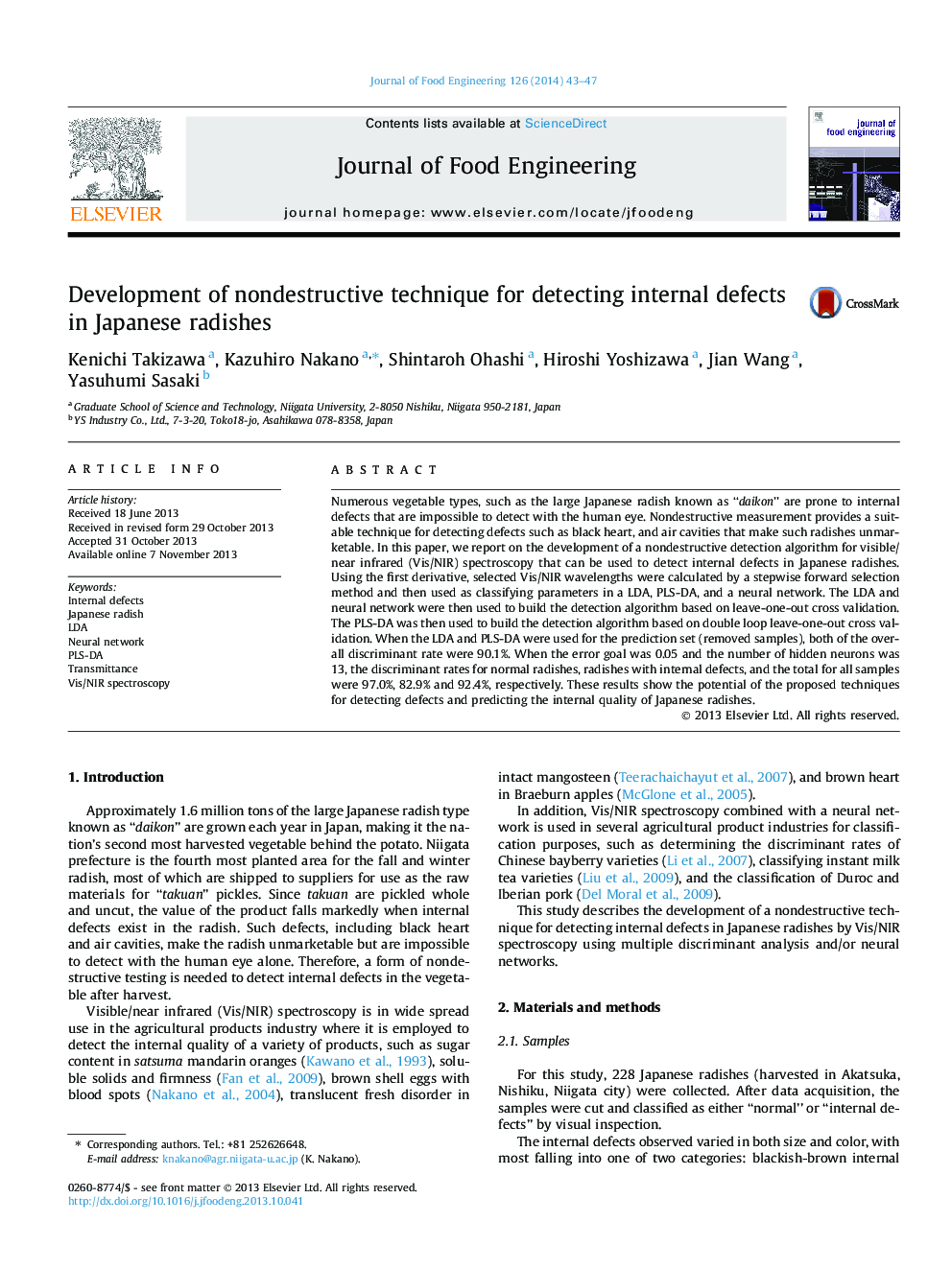 Development of nondestructive technique for detecting internal defects in Japanese radishes