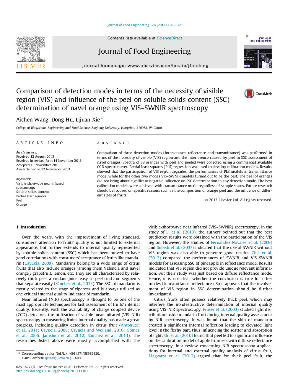 Comparison of detection modes in terms of the necessity of visible region (VIS) and influence of the peel on soluble solids content (SSC) determination of navel orange using VIS–SWNIR spectroscopy