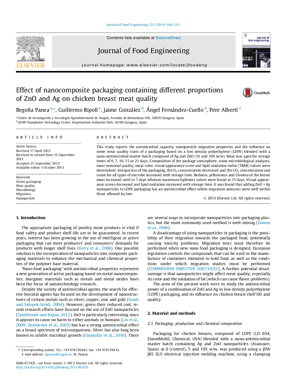 Effect of nanocomposite packaging containing different proportions of ZnO and Ag on chicken breast meat quality