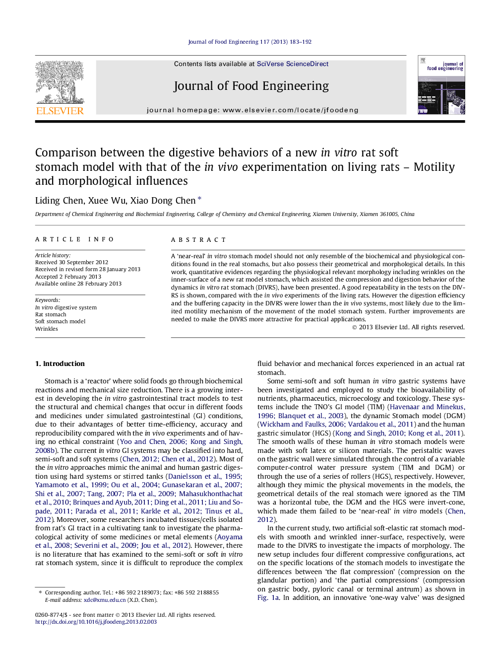 Comparison between the digestive behaviors of a new in vitro rat soft stomach model with that of the in vivo experimentation on living rats – Motility and morphological influences