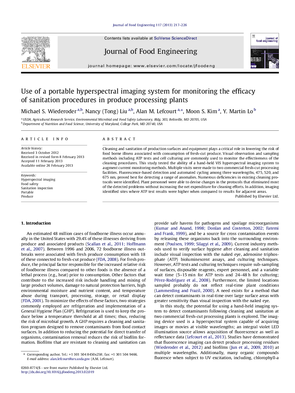 عکس صفحه اول مقاله: Use of a portable hyperspectral imaging system for monitoring the efficacy of sanitation procedures in produce processing plants Use of a portable hyperspectral imaging system for monitoring the efficacy of sanitation procedures in produce processing plants