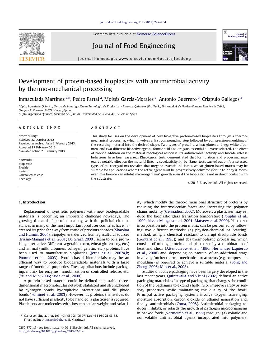 Development of protein-based bioplastics with antimicrobial activity by thermo-mechanical processing