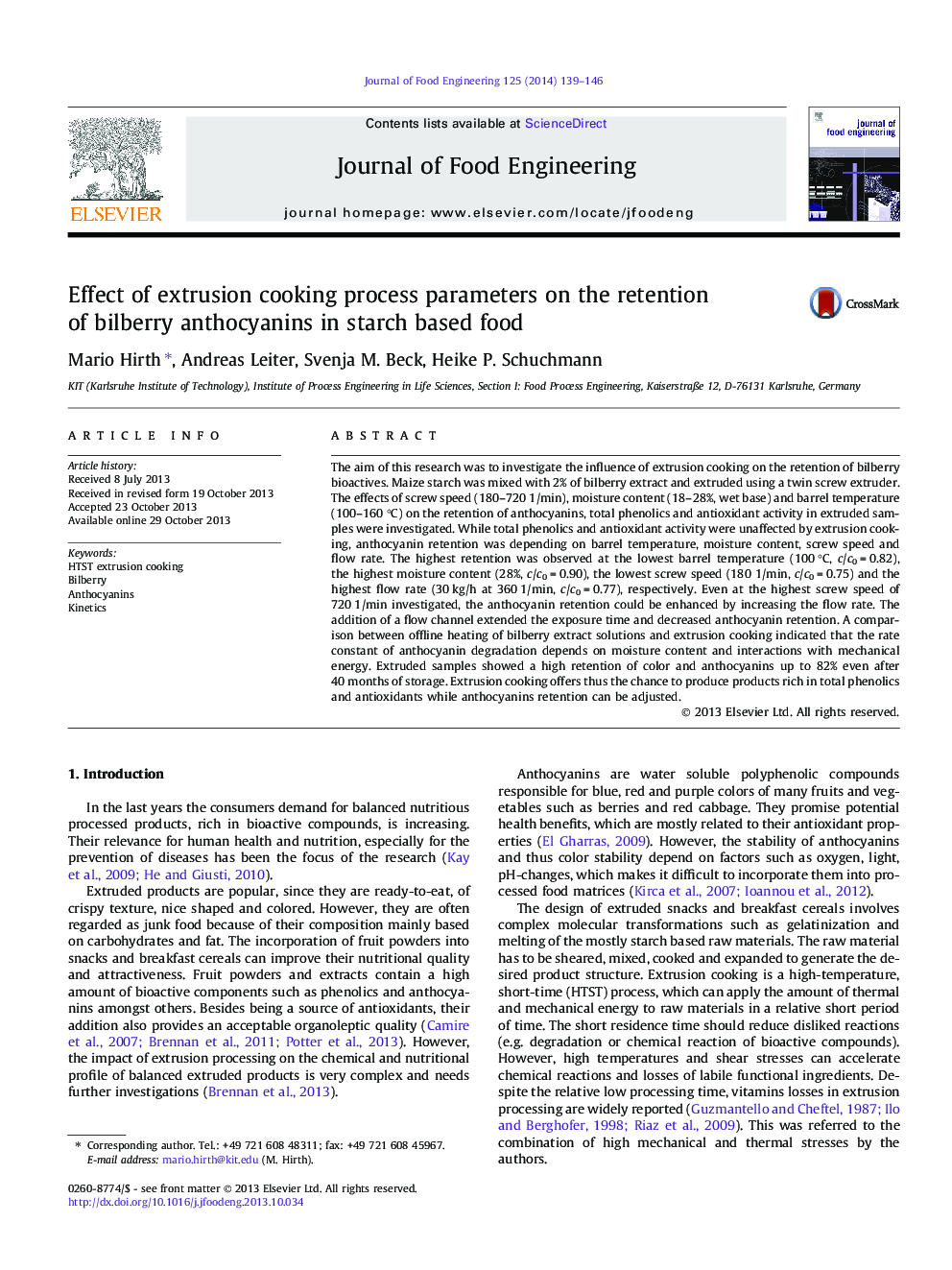 Effect of extrusion cooking process parameters on the retention of bilberry anthocyanins in starch based food