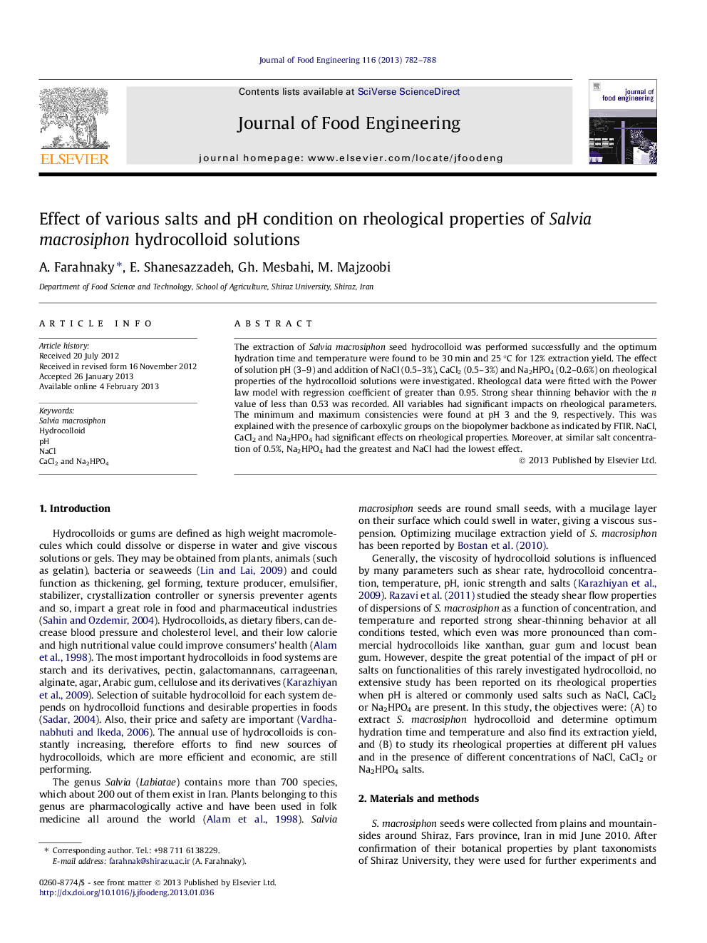 Effect of various salts and pH condition on rheological properties of Salvia macrosiphon hydrocolloid solutions