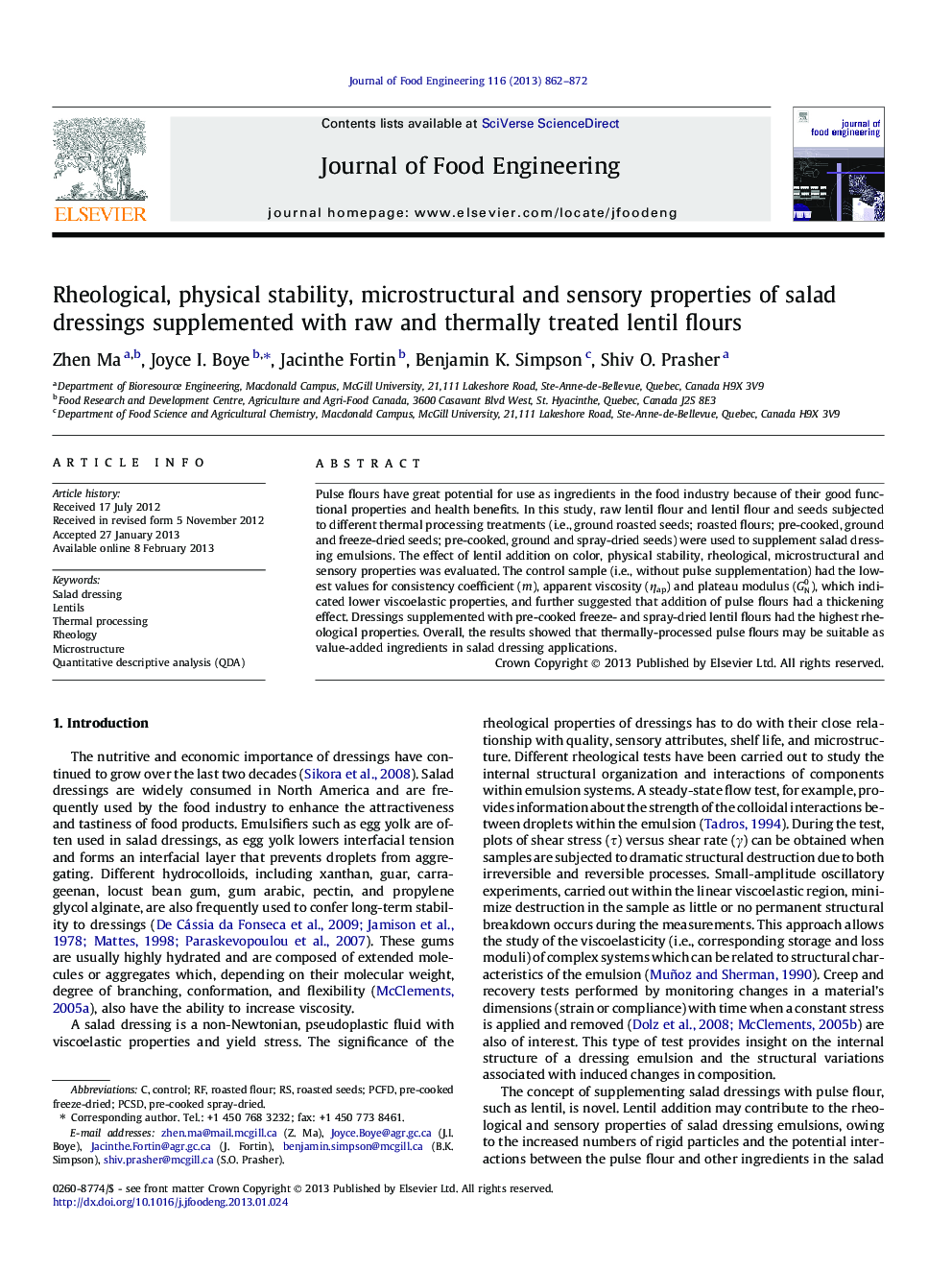 Rheological, physical stability, microstructural and sensory properties of salad dressings supplemented with raw and thermally treated lentil flours