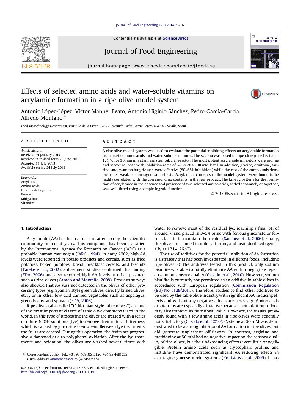 Effects of selected amino acids and water-soluble vitamins on acrylamide formation in a ripe olive model system