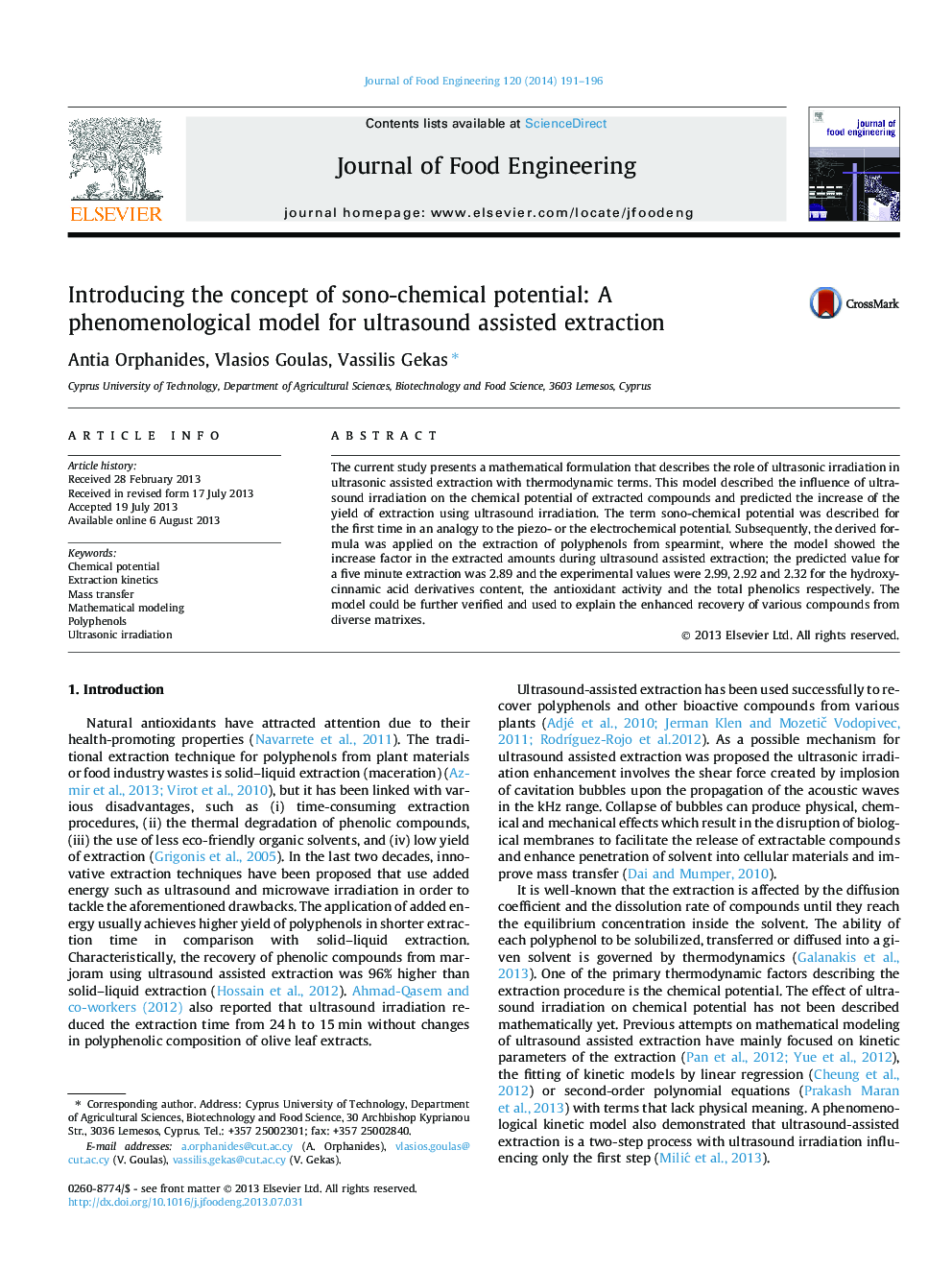 Introducing the concept of sono-chemical potential: A phenomenological model for ultrasound assisted extraction