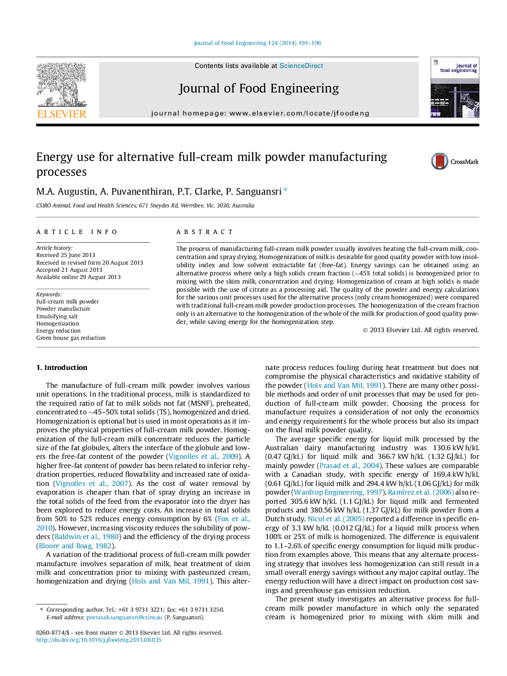 Energy use for alternative full-cream milk powder manufacturing processes