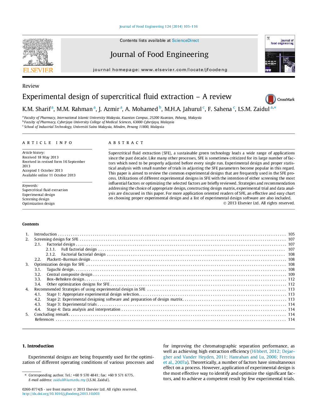 Experimental design of supercritical fluid extraction – A review