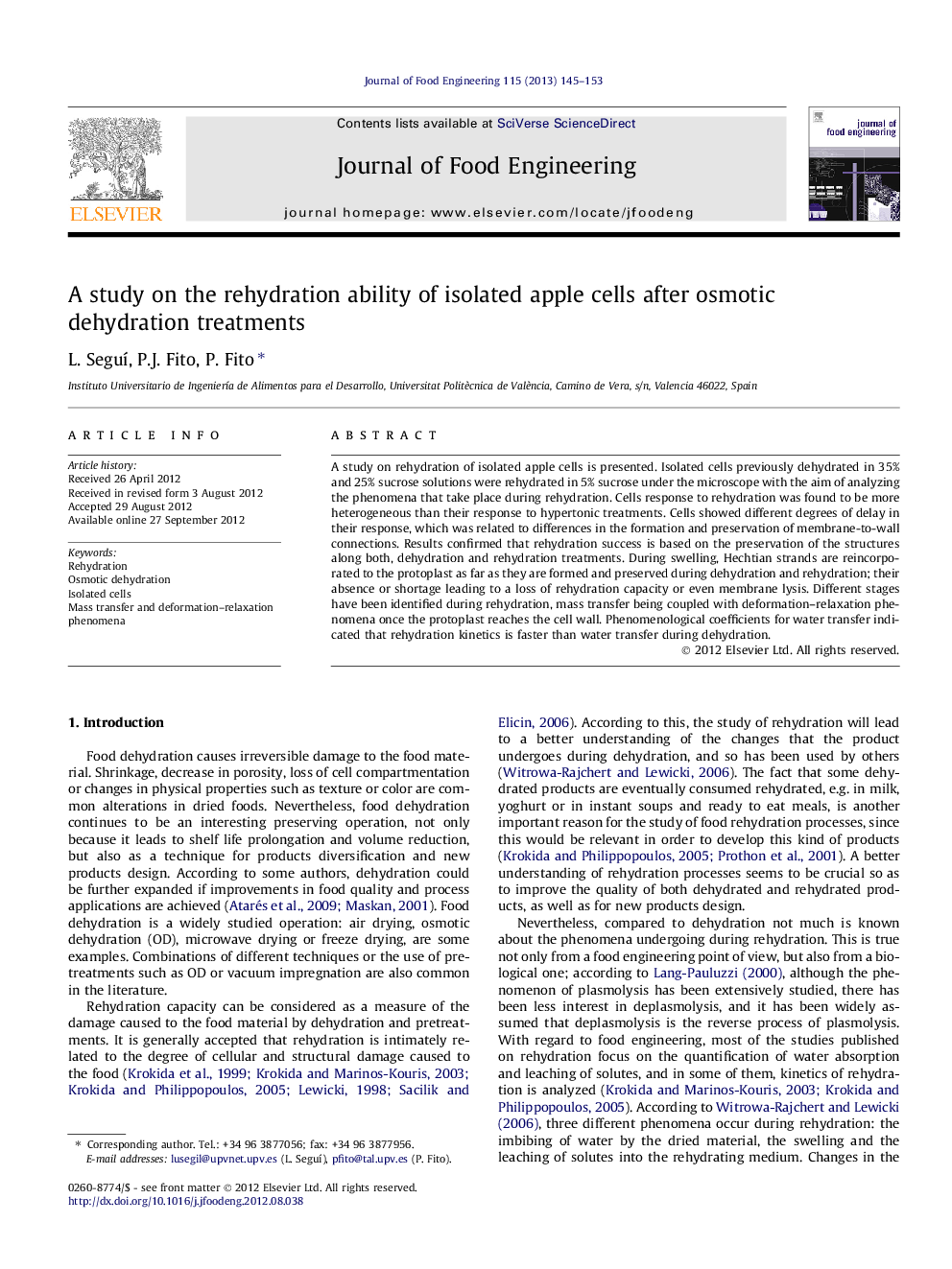 A study on the rehydration ability of isolated apple cells after osmotic dehydration treatments