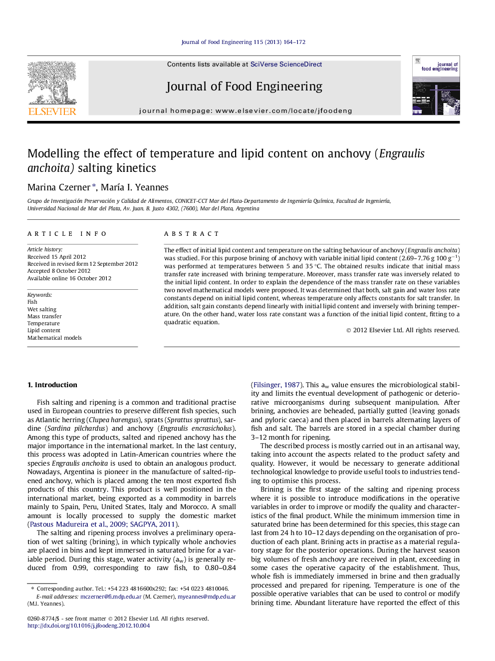Modelling the effect of temperature and lipid content on anchovy (Engraulis anchoita) salting kinetics