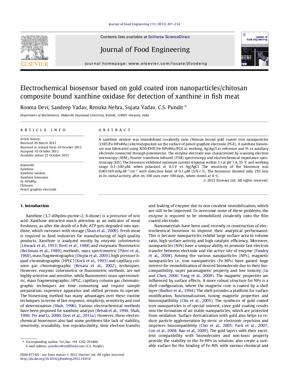 Electrochemical biosensor based on gold coated iron nanoparticles/chitosan composite bound xanthine oxidase for detection of xanthine in fish meat