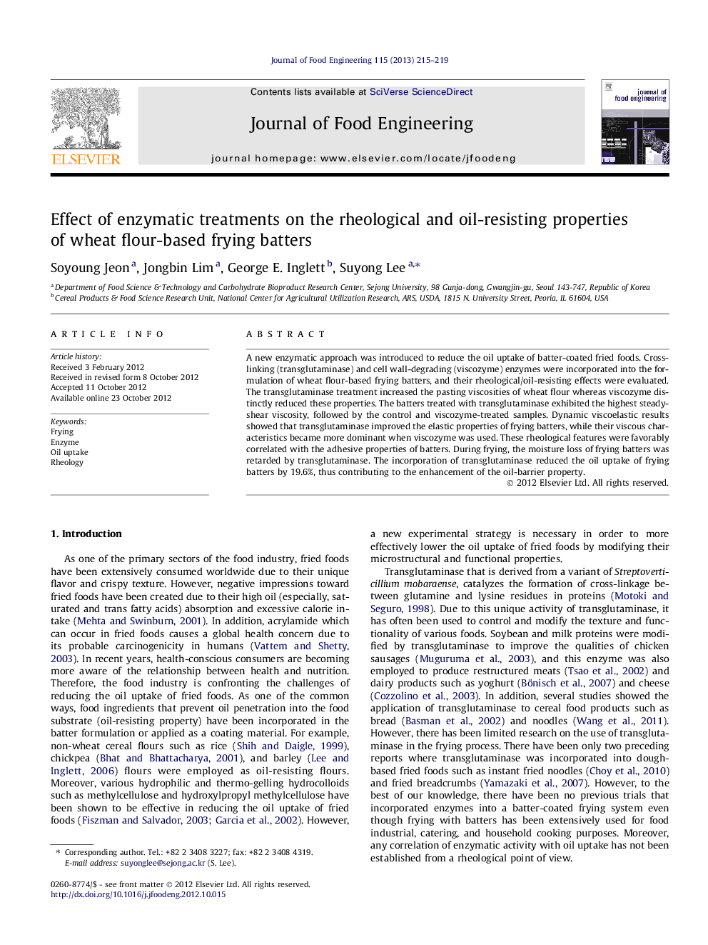 عکس صفحه اول مقاله: Effect of enzymatic treatments on the rheological and oil-resisting properties of wheat flour-based frying batters Effect of enzymatic treatments on the rheological and oil-resisting properties of wheat flour-based frying batters