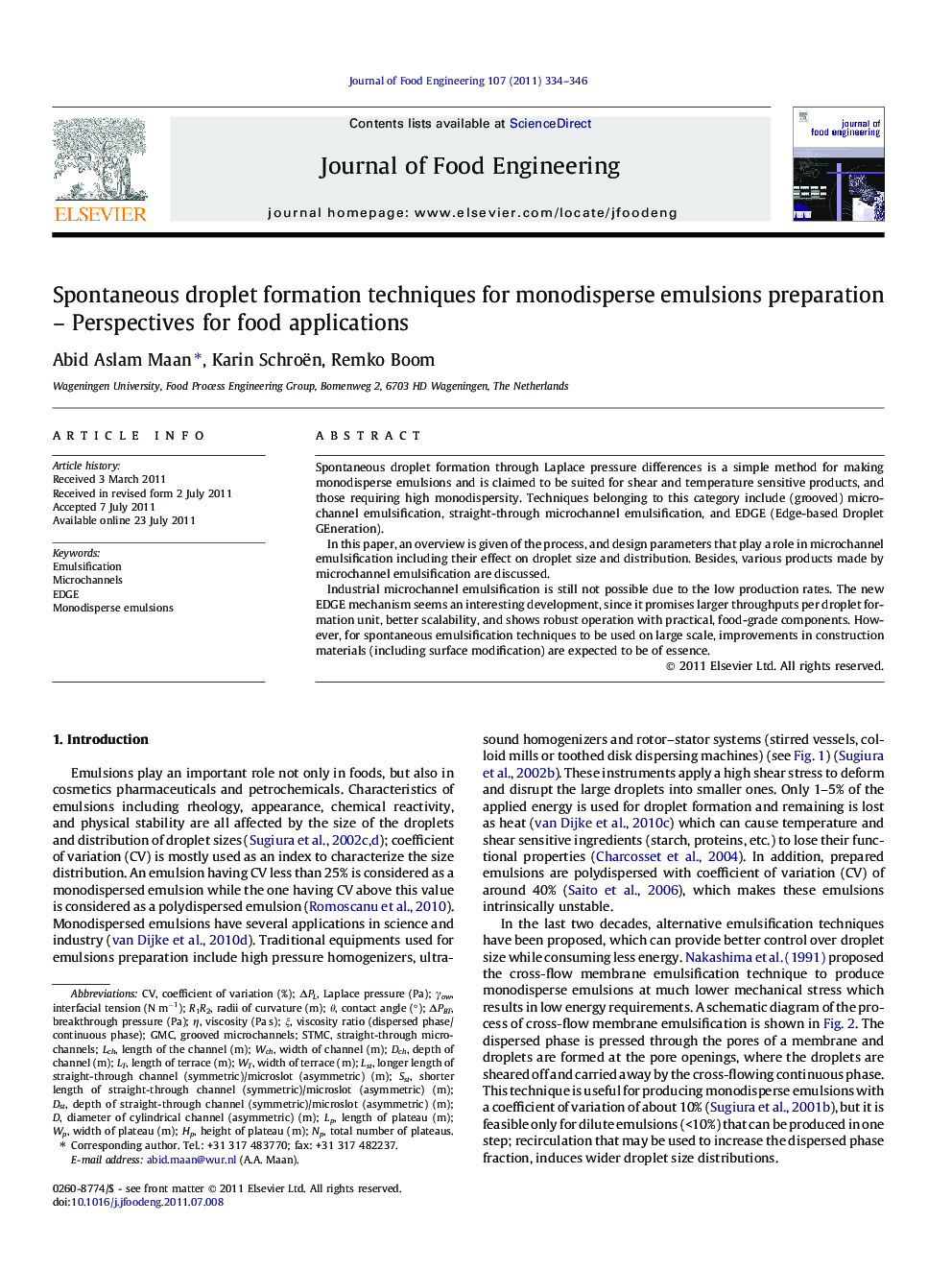 Spontaneous droplet formation techniques for monodisperse emulsions preparation – Perspectives for food applications