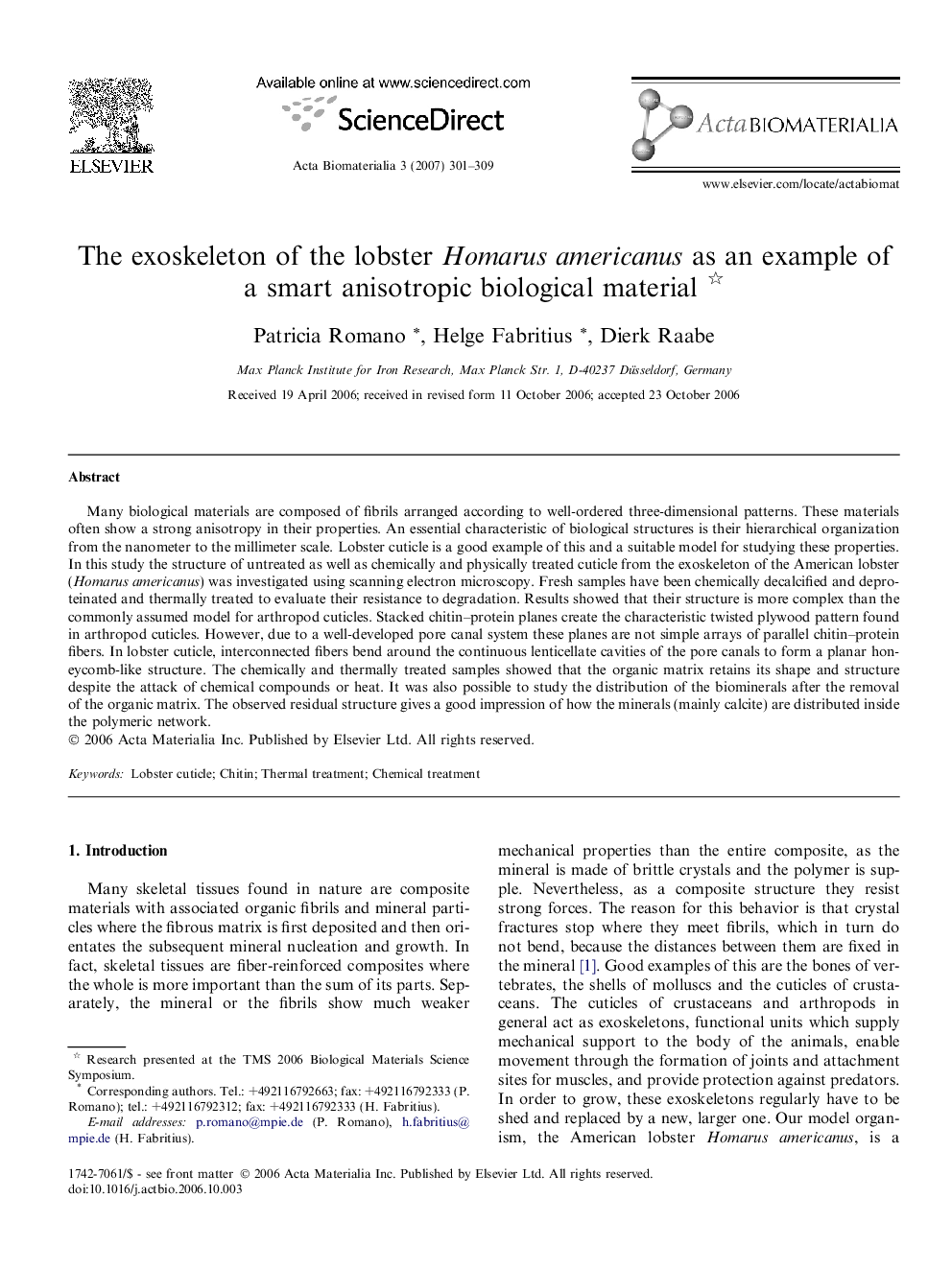 The exoskeleton of the lobster Homarus americanus as an example of a smart anisotropic biological material 