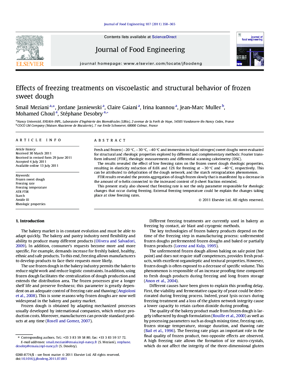 Effects of freezing treatments on viscoelastic and structural behavior of frozen sweet dough