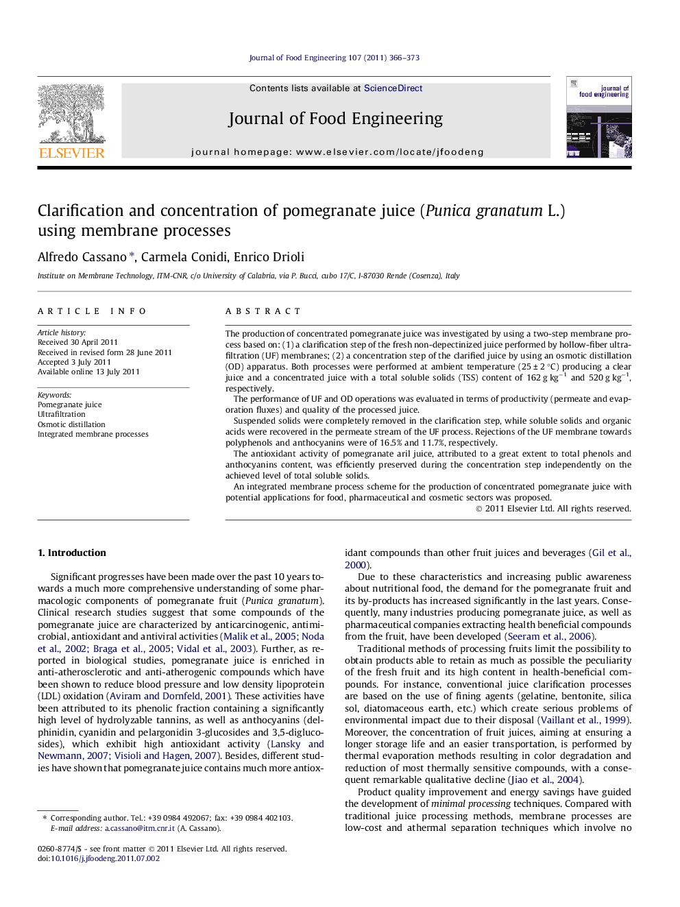 Clarification and concentration of pomegranate juice (Punica granatum L.) using membrane processes