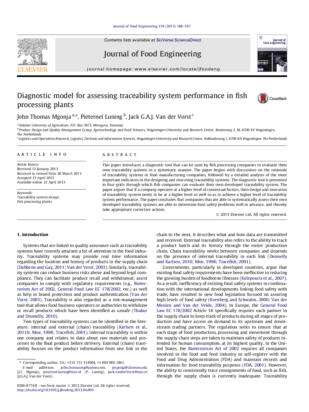 Diagnostic model for assessing traceability system performance in fish processing plants